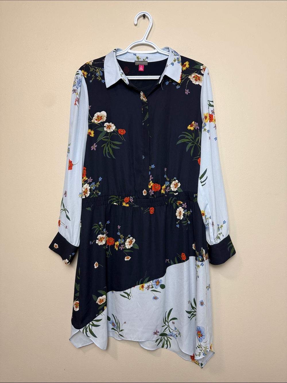 Vince Camuto Navy & Light Blue Floral Asymmetrical Shirt Lined Dress  size L